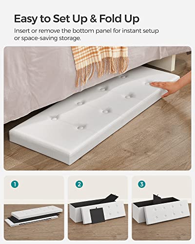 SONGMICS 43 Inches Folding Storage Ottoman Bench, Storage Chest, Footrest, Coffee Table, Padded Seat, Faux Leather, Holds up to 660 lb, White ULSF702