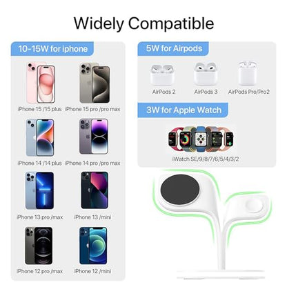 EXW for Magsafe Charger Stand,Charging Station for Multiple Devices,Wireless Charger for iPhone 15/14/13/12 Series,Apple Watch Series 1-9/Ultra,AirPods Pro with LED and Adapter (White)
