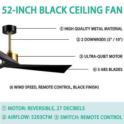 ANFERSONLIGHT 52-Inch Indoor Ceiling Fan with Remote Control, 3-Blades, Reversible Silent DC Motor - Black Finish for Bedroom, Living Room and Dining Room Fan/Light