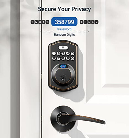 Veise Fingerprint Door Lock with 2 Lever Handles - Keyless Entry Door Lock with Handle, Electronic Keypad Deadbolt Front Door Lock Set, Auto Lock, 1 Touch Locking, Easy Installation, Oil Rubbed Bronze