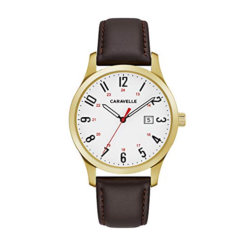 Bulova Traditional Quartz Mens Watch, Stainless Steel with Brown Leather Strap, Gold-Tone (Model: 44B116)