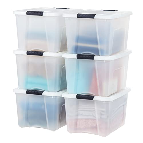 IRIS USA 40 Qt. Plastic Storage Container Bin with Secure Lid and Latching Buckles, 6 pack - Pearl, Durable Stackable Nestable Organizing Tote Tub Box Toy General Organization Medium