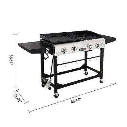 Royal Gourmet GD401 Portable Propane Gas Grill and Griddle Combo with Side Table | 4-Burner, Folding Legs,Versatile, Outdoor | Black 66 Inch