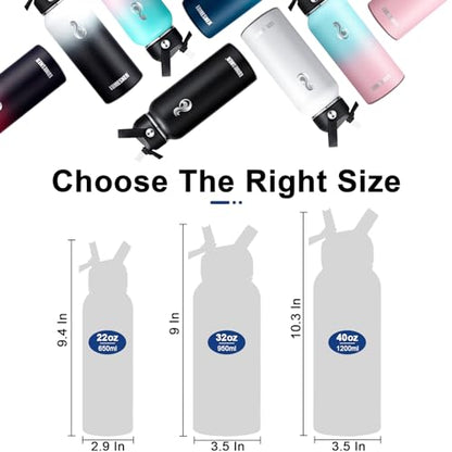 Lumesner Vacuum Insulated Stainless Steel Water Bottle,1200ml/950ml/650ml- 2 Lids (Straw Lid and Spout Lid), 2 Straws Water Bottle (32 oz, Winter White)