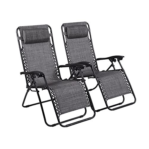 Zero Gravity Chairs Set of 2 Pool Lounge Chair Zero Gravity Recliner Lawn Patio Outdoor Porch Beach Backyard Anti Gravity Chair Folding Reclining Camping Chair with Headrest by Naomi Home - Grey