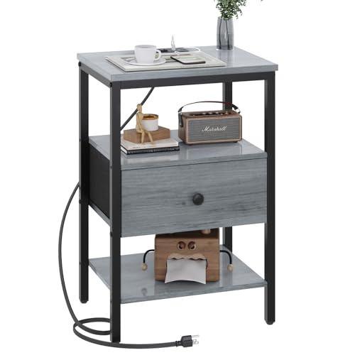 GGWEW Night Stand with Charging Station, Nightstand with Adjustable Drawer & Shelf, Small Nightstands for Bedroom, Fabric Drawer with MDF Front, 5.9ft Power Cord - Light Grey Blue