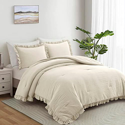 Home Bed Bedding Comforter Set - 3 Pieces Queen Comforter Set, Farmhouse Bedding Set with Ruffle Bed Comforter & Ruffle Pillows Shams(Queen Size Wheat)