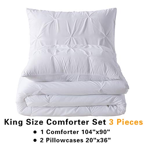 Andency White King Comforter Set, 3 Pieces Pinch Pleat Comforter Set, All Season Soft Lightweight Microfiber Down Alternative Comforter Bedding Set(104x90Inch)