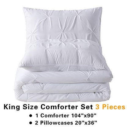 Andency White King Comforter Set, 3 Pieces Pinch Pleat Comforter Set, All Season Soft Lightweight Microfiber Down Alternative Comforter Bedding Set(104x90Inch)