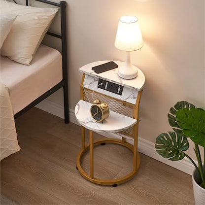 IDEALHOUSE Round End Table with Charging Station, Gold Side Table with USB Ports and Outlets, Sturdy Circle End Table for Living Room, Bedroom and Couch