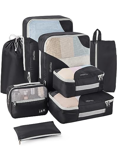 OlarHike 8 Set Packing Cubes, 4 Various Sizes(Extra Large,Large,Medium,Small), Luggage Organizer Bags for Travel Accessories Travel Essentials, Travel Cubes for Carry on Suitcases (Black)