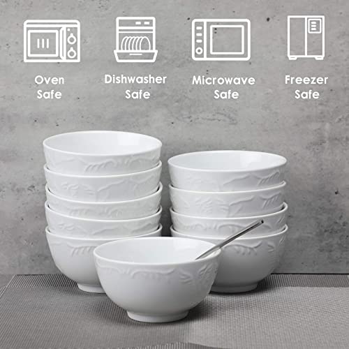 amhomel Cereal Bowls Set of 10 with Embossed Texture, Small Soup Bowls, 11 Ounce Porcelain Deep Bowls for Ice Cream Dessert and Condiment, Lead-Free, Dishwasher & Microwave Safe - White, 4.5 Inch