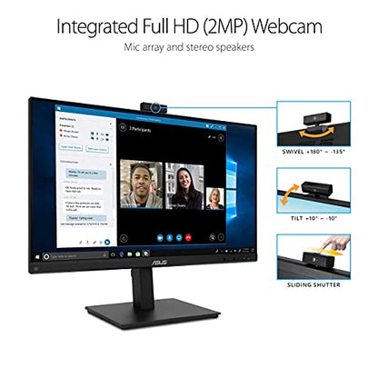 ASUS 27” 1080P Video Conference Monitor (BE279QSK) - Full HD, IPS, Built-in Adjustable 2MP Webcam, Mic Array, Speakers, Eye Care, Wall Mountable, Frameless, HDMI, DisplayPort, VGA, Height Adjustable