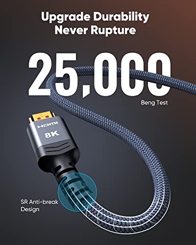 Highwings 8K HDMI Cable 2.1 48Gbps 6.6FT/2M, High Speed HDMI Braided Cord-4K@120Hz 8K@60Hz, DTS:X, HDCP 2.2 & 2.3, HDR 10 Compatible with Roku TV/PS5/HDTV/Blu-ray