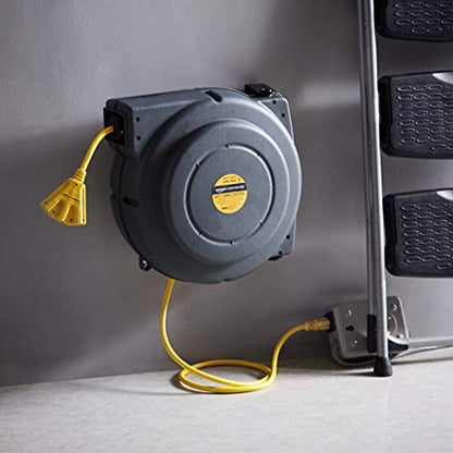 AmazonCommercial Extension Cord Reel Heavy Duty Retractable Long 12AWG x 65' Feet Industrial Grade 3C/SJT Cable with Triple Tap Connector and Swivel Bracket Power Rating 15A 125VAC 1875W 60Hz, Black