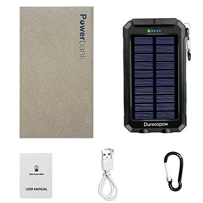 Durecopow Solar Charger, 20000mAh Portable Outdoor Waterproof Solar Power Bank, Camping External Backup Battery Pack Dual 5V USB Ports Output, 2 Led Light Flashlight with Compass (Green)