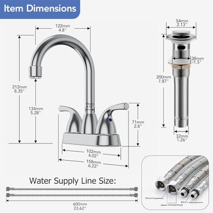 Phiestina Chrome 2 or 3 Hole Bathroom Sink Faucet 4 Inch Centerset, Two Handles Copper Faucet, with Metal Pop-up Drain Assembly with Overflow, CUPC Water Supply Line, BF02011-B11-C