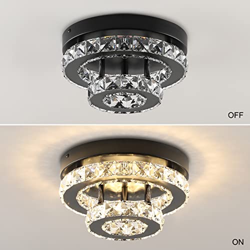 ECOBRT Mini Crystal Chandeliers Modern Black Flush Mount Ceiling Light Surface Mount Led Ceiling Light Bedroom Ceiling Lights Indoor 9.8" Diameter Black 3000K