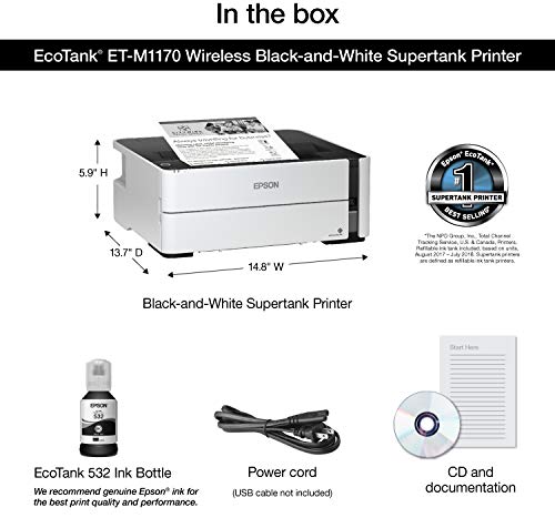Epson EcoTank ET-M1170 Wireless Monochrome Supertank Printer with Ethernet PLUS 2 Years of Unlimited Ink*,White