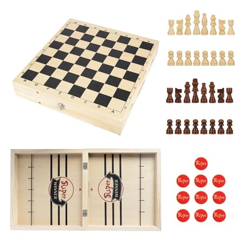 NEROSUN Foldable Chess Set, Handmade Portable Travel Chess Game 2 in 1 Fast Sling Puck Hockey Curling Table Game, Beginner Chess Toys Set for Kids Family