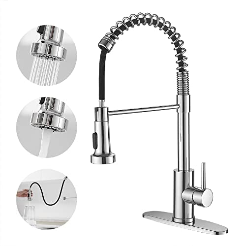 VOTON Kitchen Faucets with Pull Out Sprayer Commercial Spring Sink Faucet Stainless Steel Chrome Pull Down Single Handle Farmhouse faucets with Deck Plate for Camper Laundry Utility Rv Wet Bar
