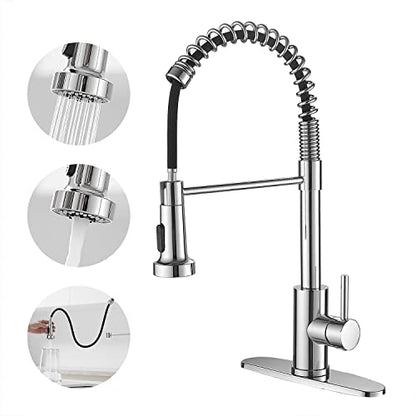 VOTON Kitchen Faucets with Pull Out Sprayer Commercial Spring Sink Faucet Stainless Steel Chrome Pull Down Single Handle Farmhouse faucets with Deck Plate for Camper Laundry Utility Rv Wet Bar
