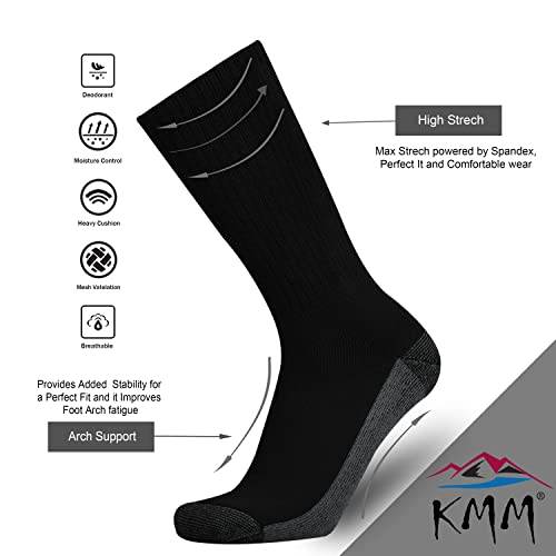 KMM Men's Cotton Full Thick Cushion Crew Socks Moisture Control Heavy Duty Work Western Boot Warm Thermal Anti Sweat Blisters(Black+Grey L)