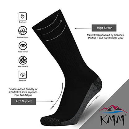 KMM Men's Cotton Full Thick Cushion Crew Socks Moisture Control Heavy Duty Work Western Boot Warm Thermal Anti Sweat Blisters(Black+Grey L)
