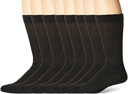 MediPEDS Men's Extra Wide Non-Binding Top Crew Socks with Coolmax Fiber 8 Pairs, Black, Shoe Size: 12-15