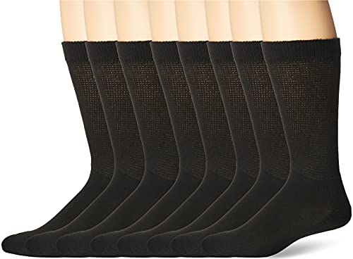 MediPEDS Men's Extra Wide Non-Binding Top Crew Socks with Coolmax Fiber 8 Pairs, Black, Shoe Size: 12-15