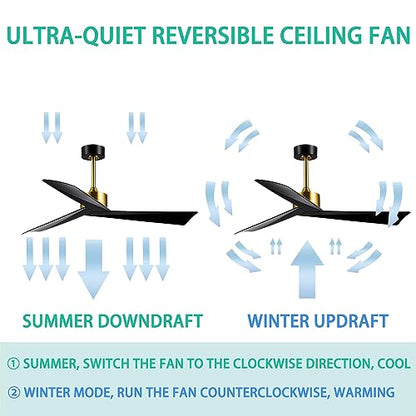ANFERSONLIGHT 52-Inch Indoor Ceiling Fan with Remote Control, 3-Blades, Reversible Silent DC Motor - Black Finish for Bedroom, Living Room and Dining Room Fan/Light