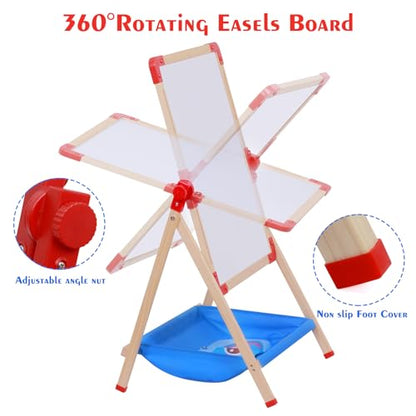 JHTOPJH Art Easel for Kids Magnetic Wooden Double Sided Standing Toddlers Chalkboard - 360°Rotating Easel for Toddler Drawing Christmas Birthday Gift for 2-4 Years 15"x18.9"