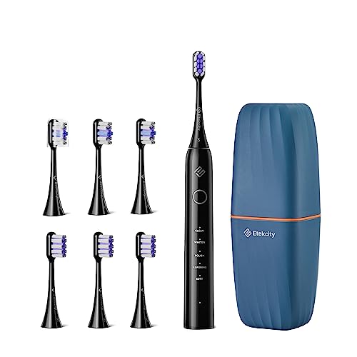 Etekcity Electric Toothbrush Sonic for Adults, Learning Mode, 6 Soft & Premium Brush Heads, Fast Charge 3 Hours Last 60 Days, Kids and Beginners, 2 Mins Smart Timer, 5 Modes & Travel Case, Black