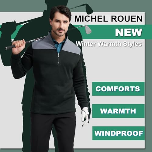MICHEL ROUEN Mens Quarter Zip Pullover Premium Fleece Lined Performance Long Sleeve Mock Neck Golf Sweatshirt for Men Dark Green