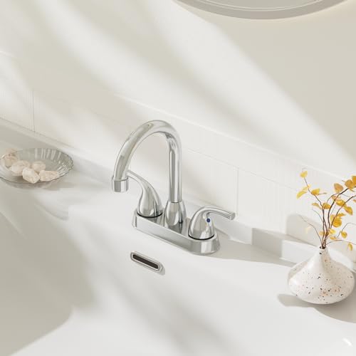 Phiestina Chrome 2 or 3 Hole Bathroom Sink Faucet 4 Inch Centerset, Two Handles Copper Faucet, with Metal Pop-up Drain Assembly with Overflow, CUPC Water Supply Line, BF02011-B11-C
