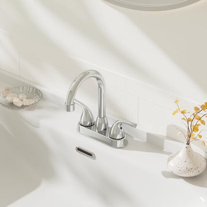 Phiestina Chrome 2 or 3 Hole Bathroom Sink Faucet 4 Inch Centerset, Two Handles Copper Faucet, with Metal Pop-up Drain Assembly with Overflow, CUPC Water Supply Line, BF02011-B11-C