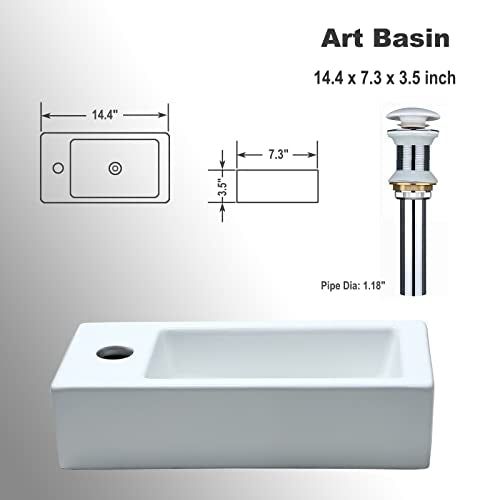 bathivy 15"x7.5" Wall Mount Corner Bathroom Sink with Pop-up Drain & Installation Kits, Rectangular White Ceramic Vessel Sink, Wall Hung Mini Floating Sink, Small Corner Sink for Bathrooms (Left Hand)