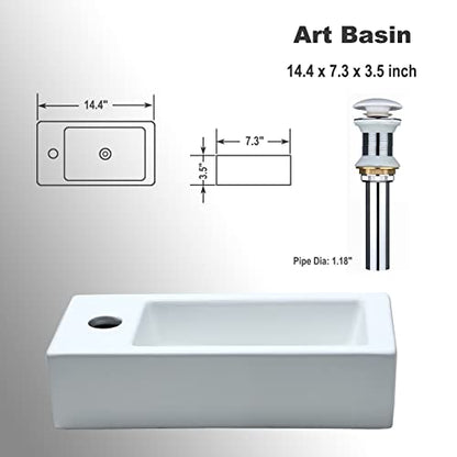 bathivy 15"x7.5" Wall Mount Corner Bathroom Sink with Pop-up Drain & Installation Kits, Rectangular White Ceramic Vessel Sink, Wall Hung Mini Floating Sink, Small Corner Sink for Bathrooms (Left Hand)