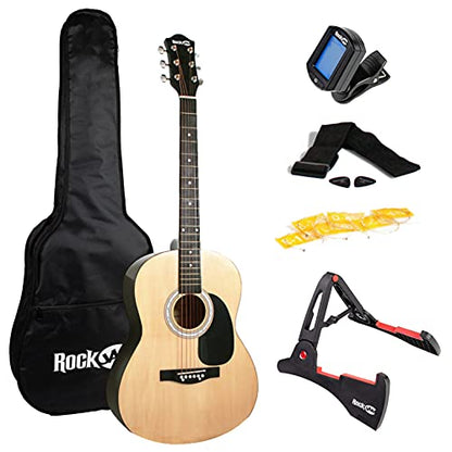 RockJam Acoustic Guitar Superkit Includes Stand, Gig Bag, Tuner, Picks, Plectrum Holder, Spare Strings & Online Lessons 6 Pack, Right, Natural, Full (RJW-101-N-PK)