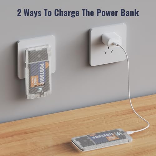 LIPSWEET Portable Power Bank, Slim10000mAh Portable Charger, 20W USB C External Battery Pack with Built-in AC Wall Plug, Three Cables Compatible with iPhone Tablet Smartphone and More (Transparent)