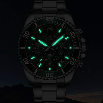 MEGALITH Mens Watches with Stainless Steel Waterproof Analog Quartz Fashion Business Chronograph Green Watch for Men, Auto Date