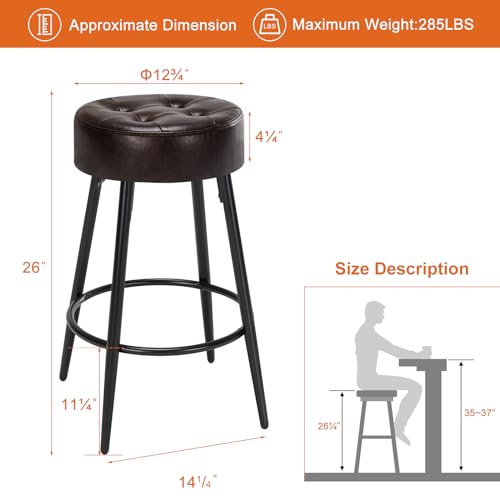 Furniliving 26" Farmhouse Round Leather Bar Stools, Mid-Century Bar Height Kitchen Stools with Footrest for Island Coffee Pub Shop Set of 2