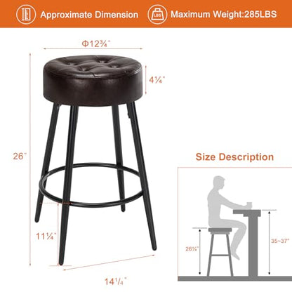 Furniliving 26" Farmhouse Round Leather Bar Stools, Mid-Century Bar Height Kitchen Stools with Footrest for Island Coffee Pub Shop Set of 2