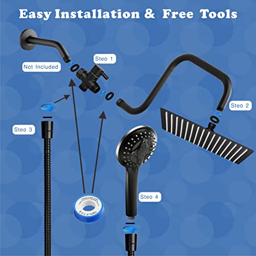 8 inch Rain Shower Head with Handheld Spray, Metal High Pressure Rainfall Shower Head with Handheld Combo with 13 inch Extension Shower Arm,Rain Shower and Handheld Separately or Dual Spray