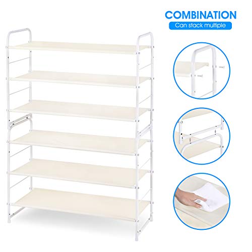 Simple Trending 6-Tier Stackable Shoe Rack, Expandable & Adjustable Fabric Shoe Shelf Storage Organizer, White