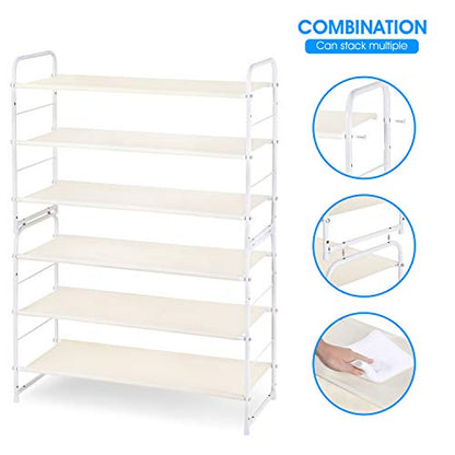 Simple Trending 6-Tier Stackable Shoe Rack, Expandable & Adjustable Fabric Shoe Shelf Storage Organizer, White