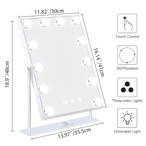 FENCHILIN Lighted Makeup Mirror Hollywood Mirror Vanity Makeup Mirror with Light Smart Touch Control 3Colors Dimmable Light Detachable 10X Magnification 360°Rotation(White)