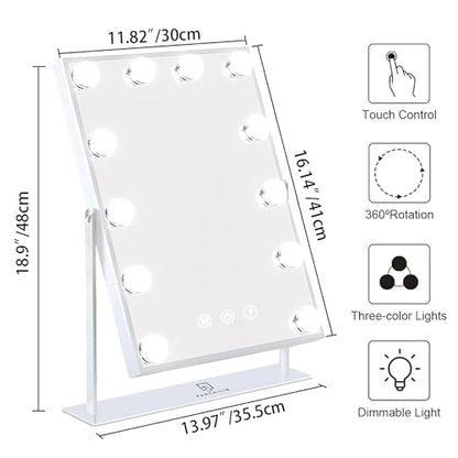 FENCHILIN Lighted Makeup Mirror Hollywood Mirror Vanity Makeup Mirror with Light Smart Touch Control 3Colors Dimmable Light Detachable 10X Magnification 360°Rotation(White)