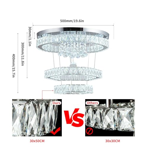 Zswanbei 19.6" Crystal LED Chandelier Pendant Light Fixture Stainless Steel 3 Ring Modern Ceiling Lamps for Living Room Dining Room Bedroom (Cool White)