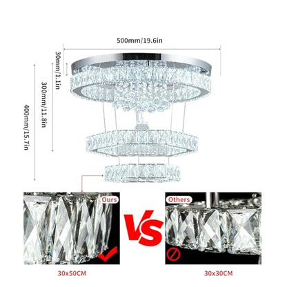 Zswanbei 19.6" Crystal LED Chandelier Pendant Light Fixture Stainless Steel 3 Ring Modern Ceiling Lamps for Living Room Dining Room Bedroom (Cool White)